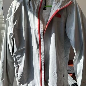 The North Face Light Gray Rain Jacket with Coral Trim